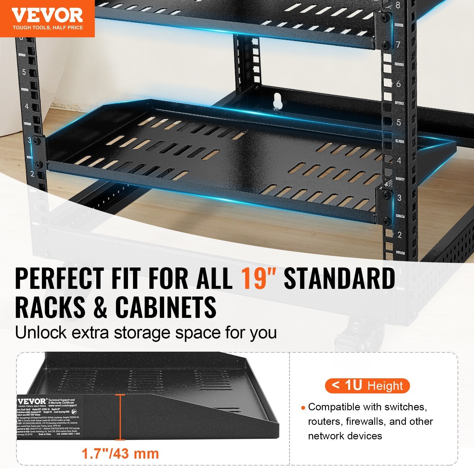 VEVOR 2PCS 1U Vented Server Rack Shelf Tray (19" 10" Depth) - Black