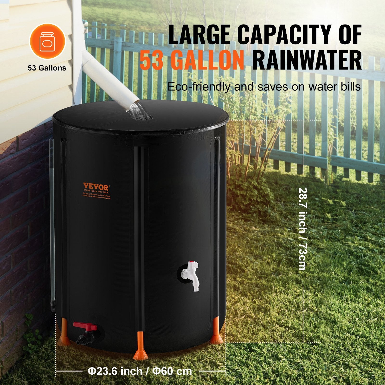 VEVOR Collapsible Rain Barrel 53 Gal Rain Catcher With Spigots And Overflow Kit