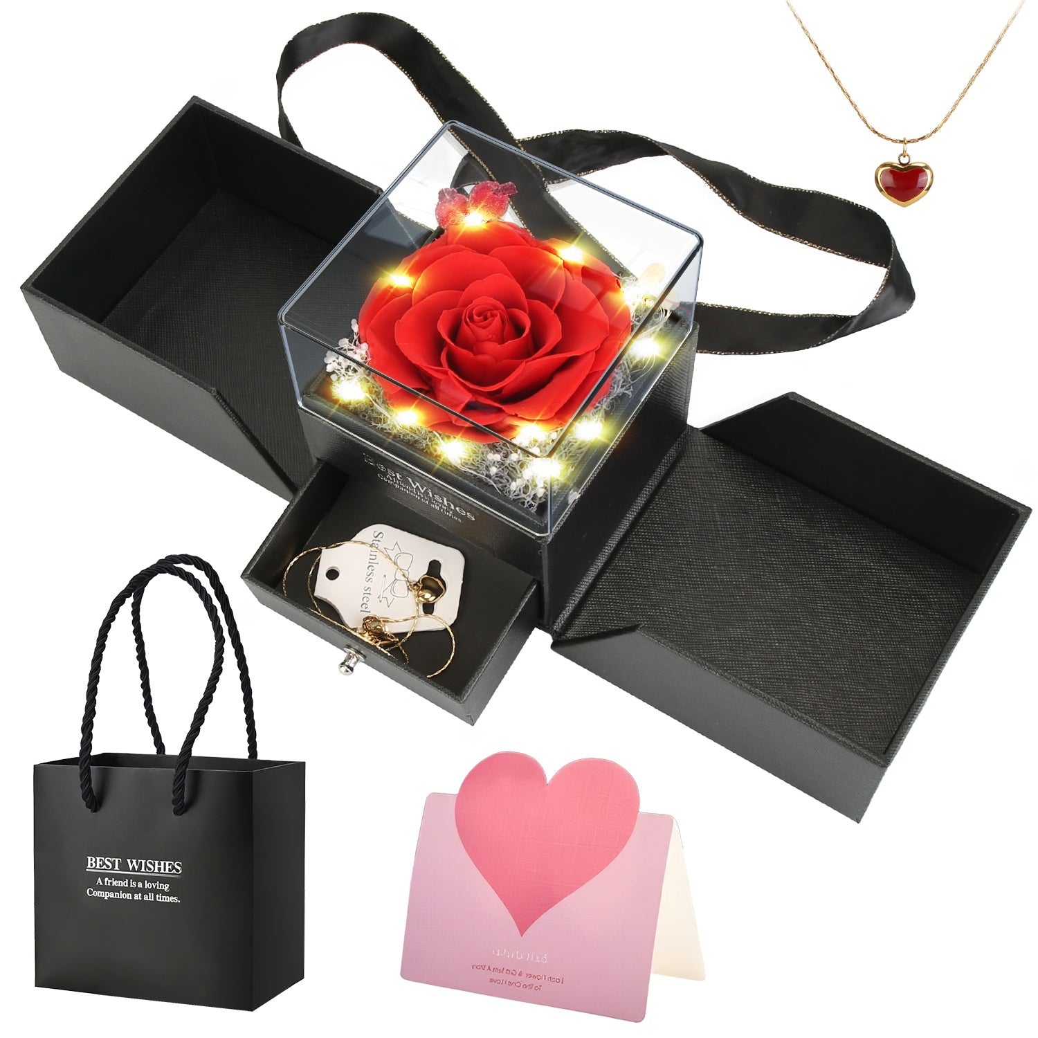 Coocosh gift set featuring a preserved red rose in a clear box with lights, accompanied by a heart pendant necklace, earrings, a gift bag, and a greeting card, all in a romantic setting. Perfect for anniversaries.