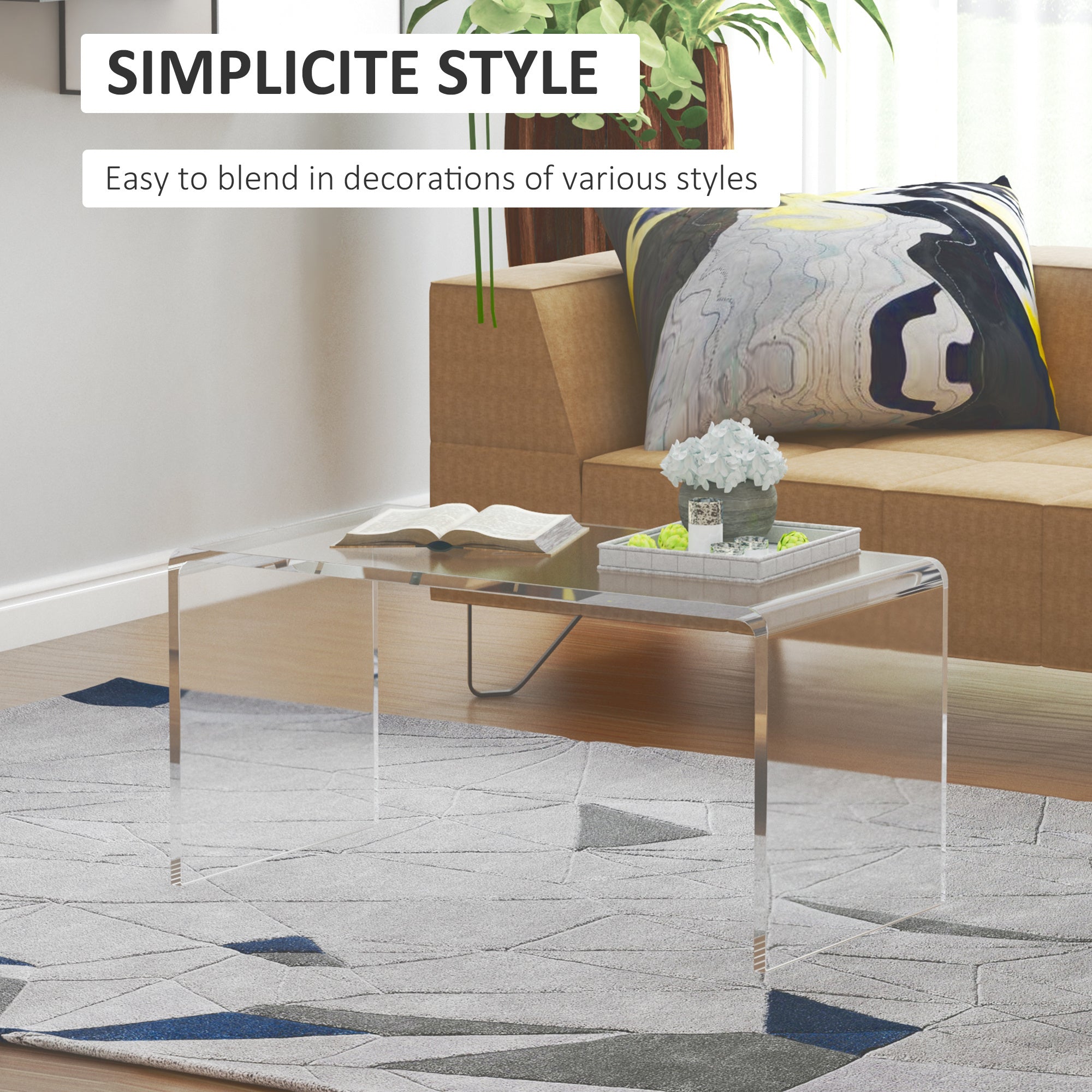 Coocosh Acrylic Coffee Table with Minimalist Design, Clear Finish, 47 inches in length, showcased in a contemporary living room setting with decorative elements.