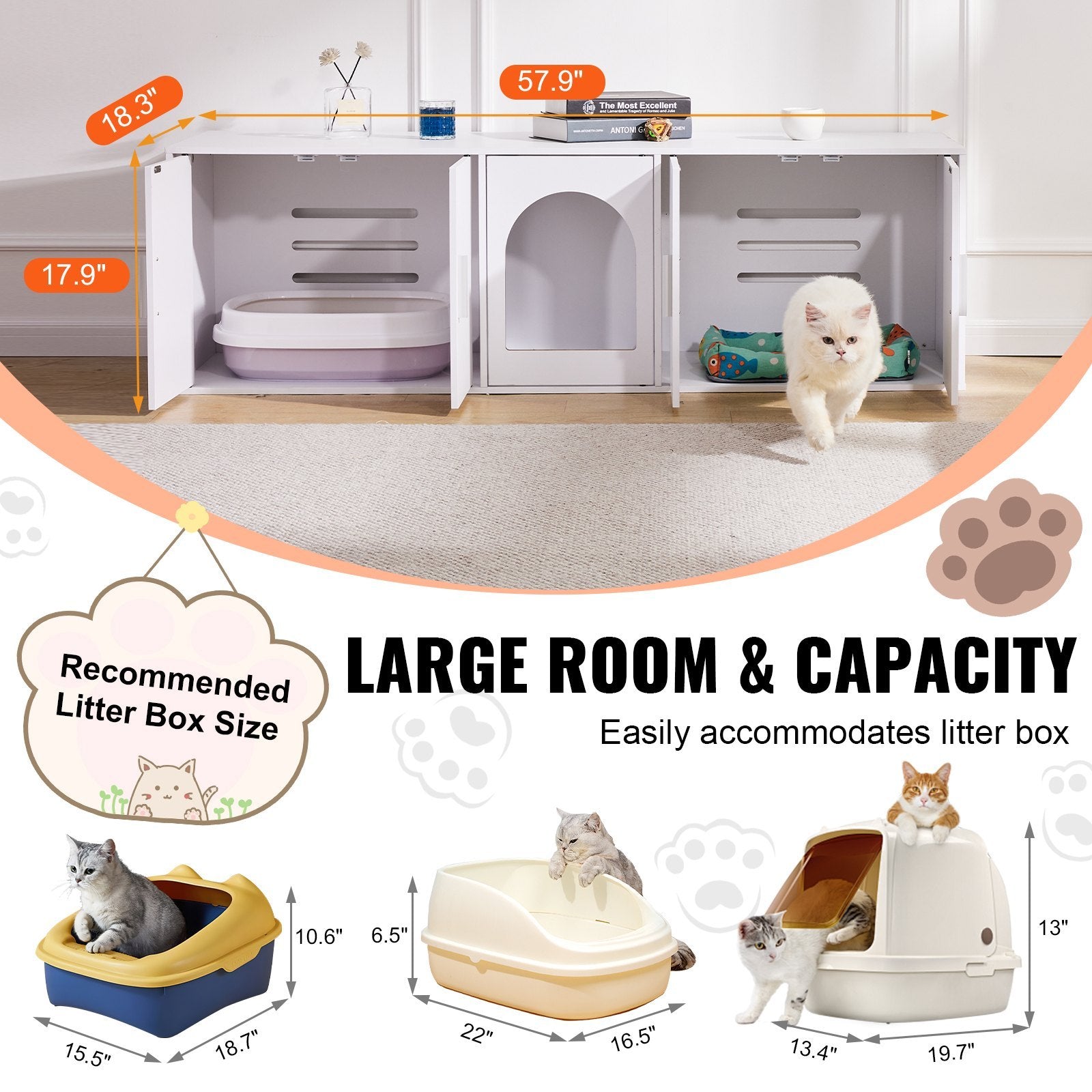 Cat Litter Box Furniture Enclosure – Hidden Bench Cabinet, White