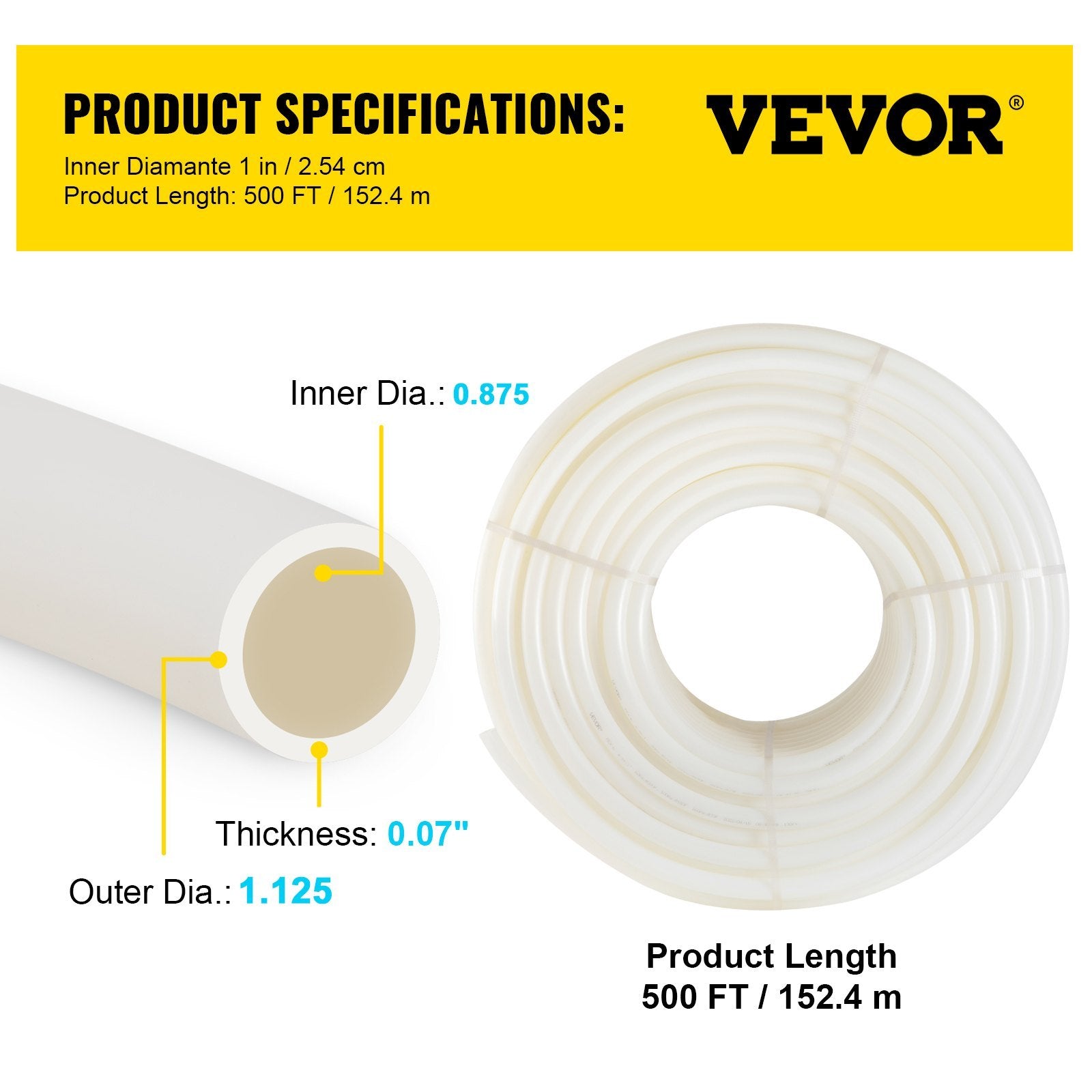 VEVOR PEX Pipe 1" x 500 ft — Non Oxygen Barrier White PEX-B Tubing