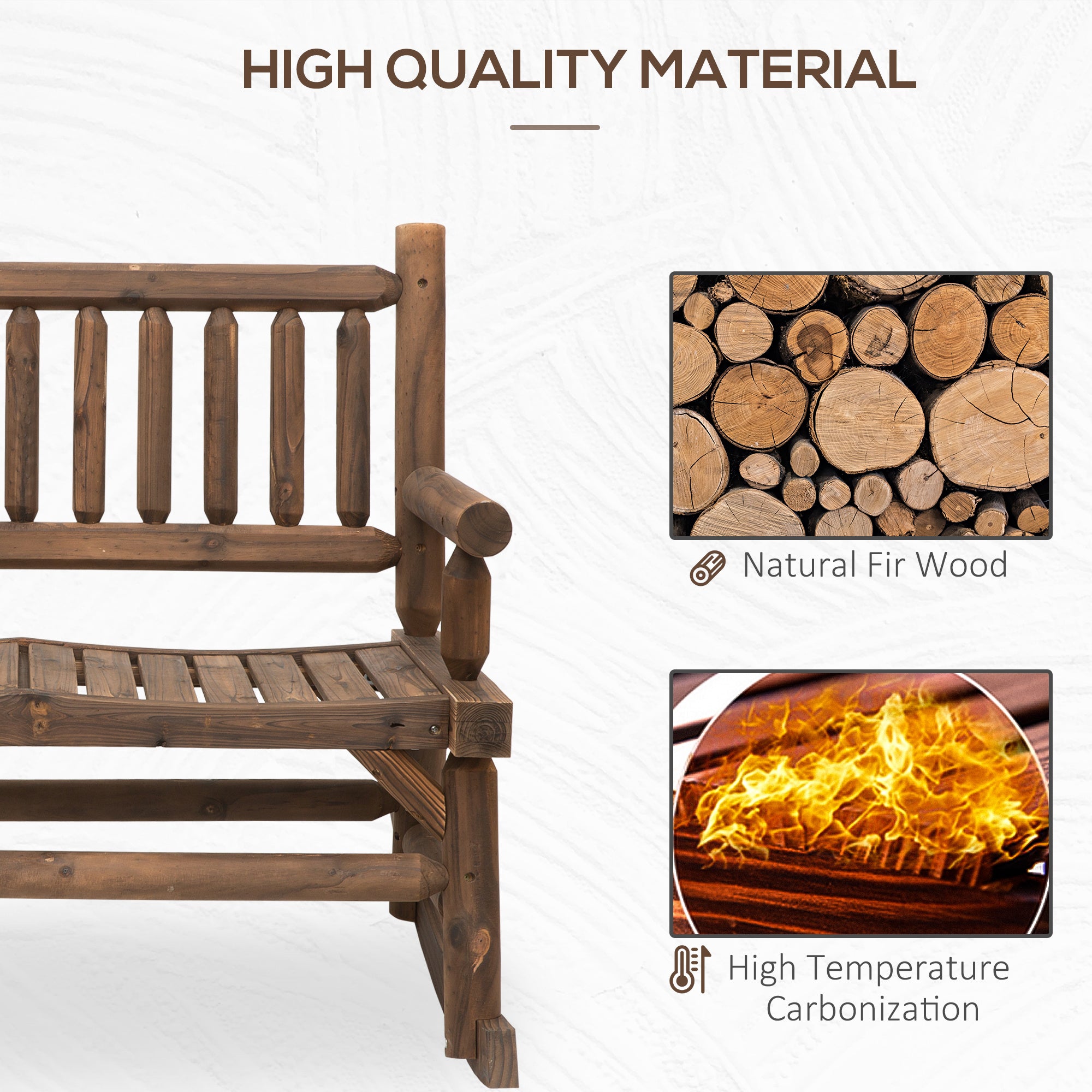 Coocosh Outdoor Bench made from Natural Fir Wood featuring a rustic design, rich brown color, and sturdy construction, emphasizing durability through High Temperature Carbonization, captured in a main view showcasing its solid structure.