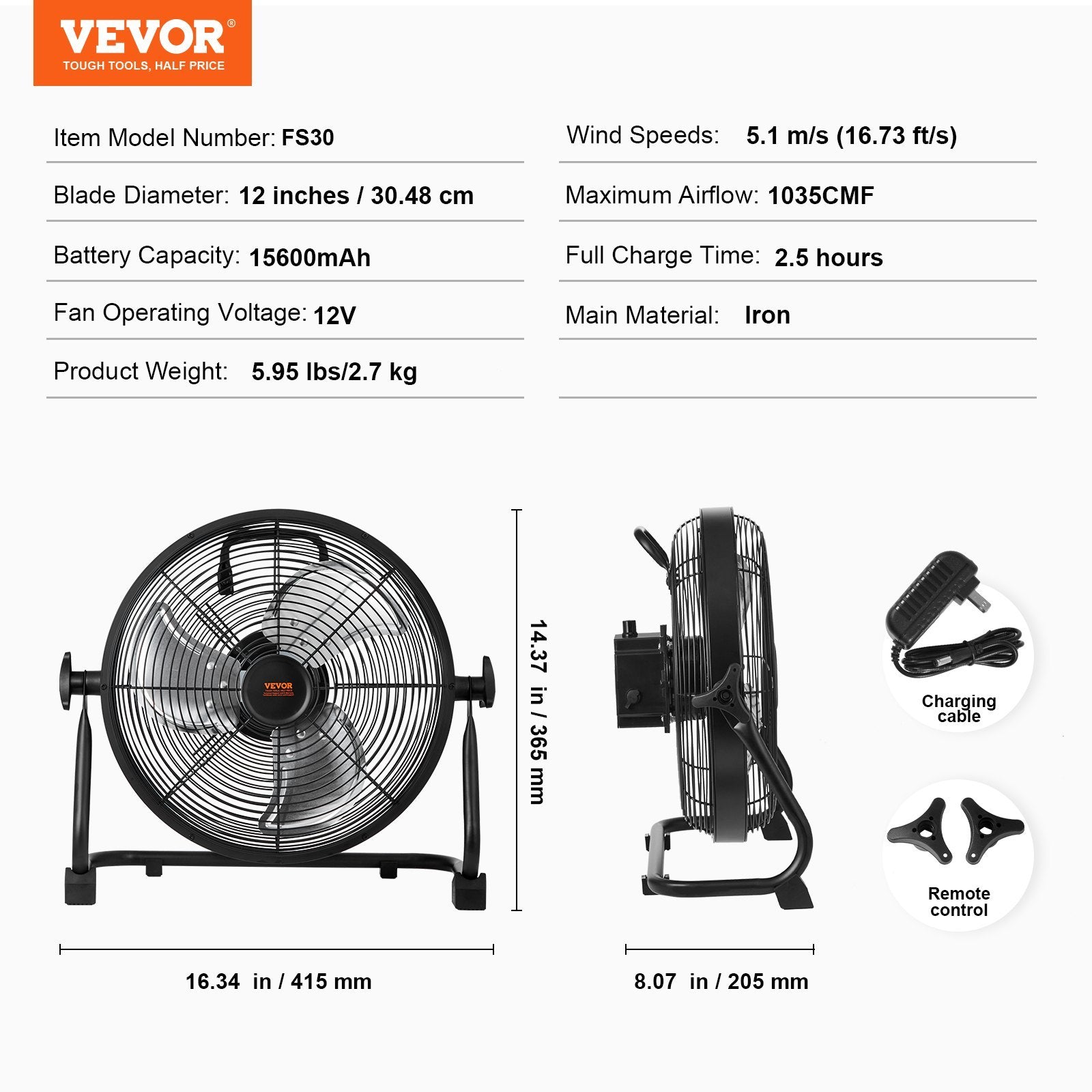 VEVOR Cordless Fan 12 In - Portable Quiet Personal Fan (FS30)