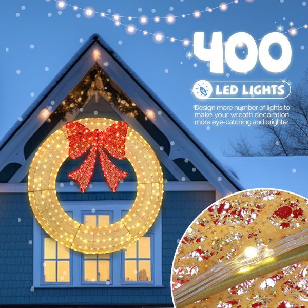 60in Pre-Lit Outdoor Christmas Wreath Decoration — 400 LED, Gold with Red Bow