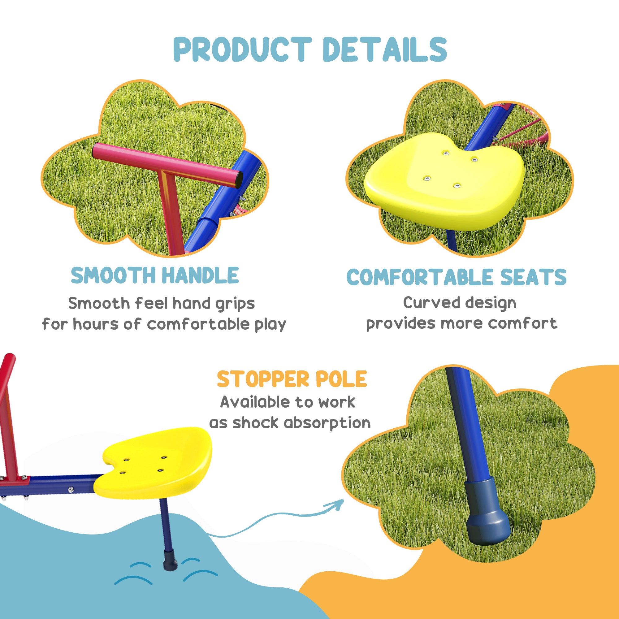 Coocosh Play Equipment with Smooth Handles and Curved Comfortable Seats, Bright Yellow and Blue Colors, Sturdy Design for Kids, Offering Hours of Fun and Shock Absorption in Play.