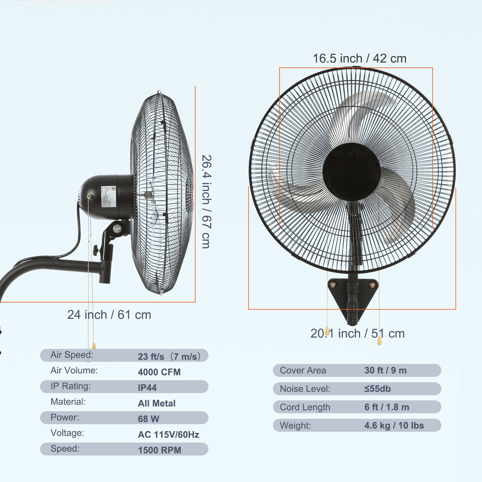 VEVOR Wall Mount Fan, 18 Inch, 3-speed High Velocity Max. 4000 CFM Oscillating Industrial Wall Fan, Commercial Or Residential, Black, ETL Listed
