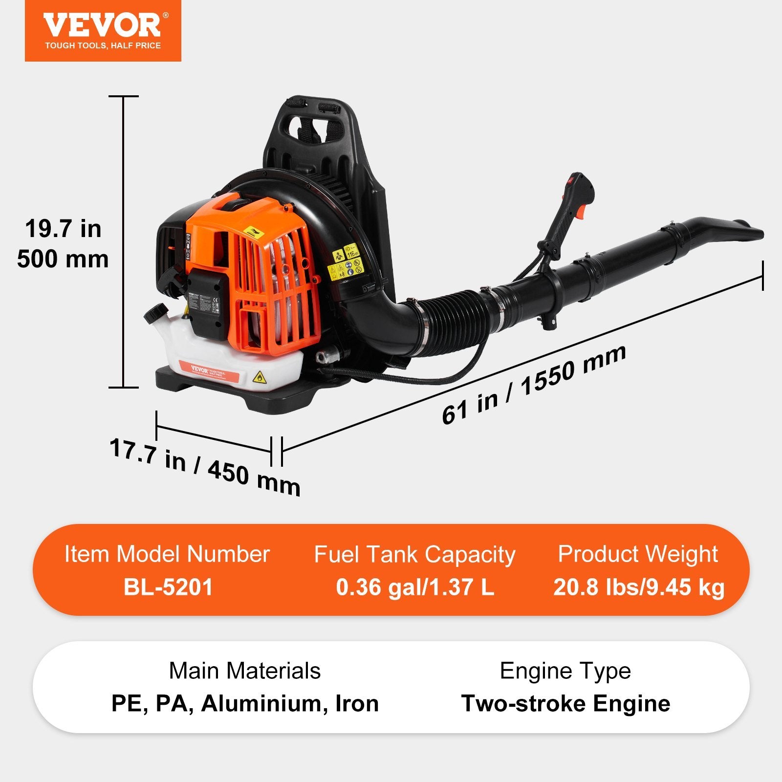 52cc Backpack Leaf Blower – 480 CFM, 175 MPH, 1.37L Tank | VEVOR