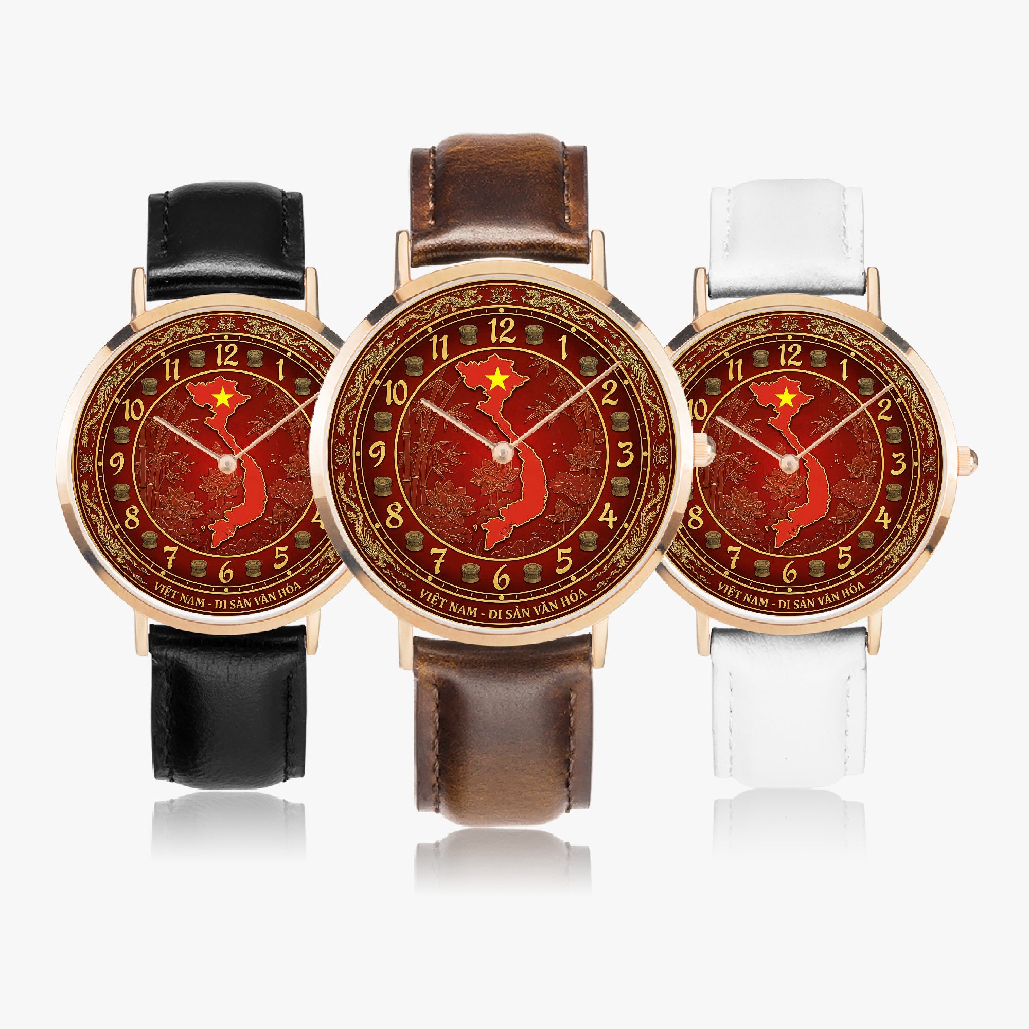 Coocosh Vietnamese Heritage Edition ultra-thin quartz watches, showcasing striking reddish-brown dials with luxurious gold accents. Each piece, adorned with a sophisticated leather strap in black, brown, or white, embodies elegance, perfect for any occasion.