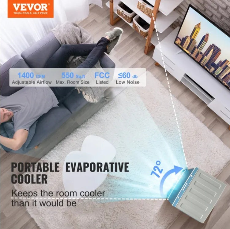 Evaporative Air Cooler – 1400 CFM Swamp Cooler, 3 Speeds, 5-Gal Tank, Oscillating