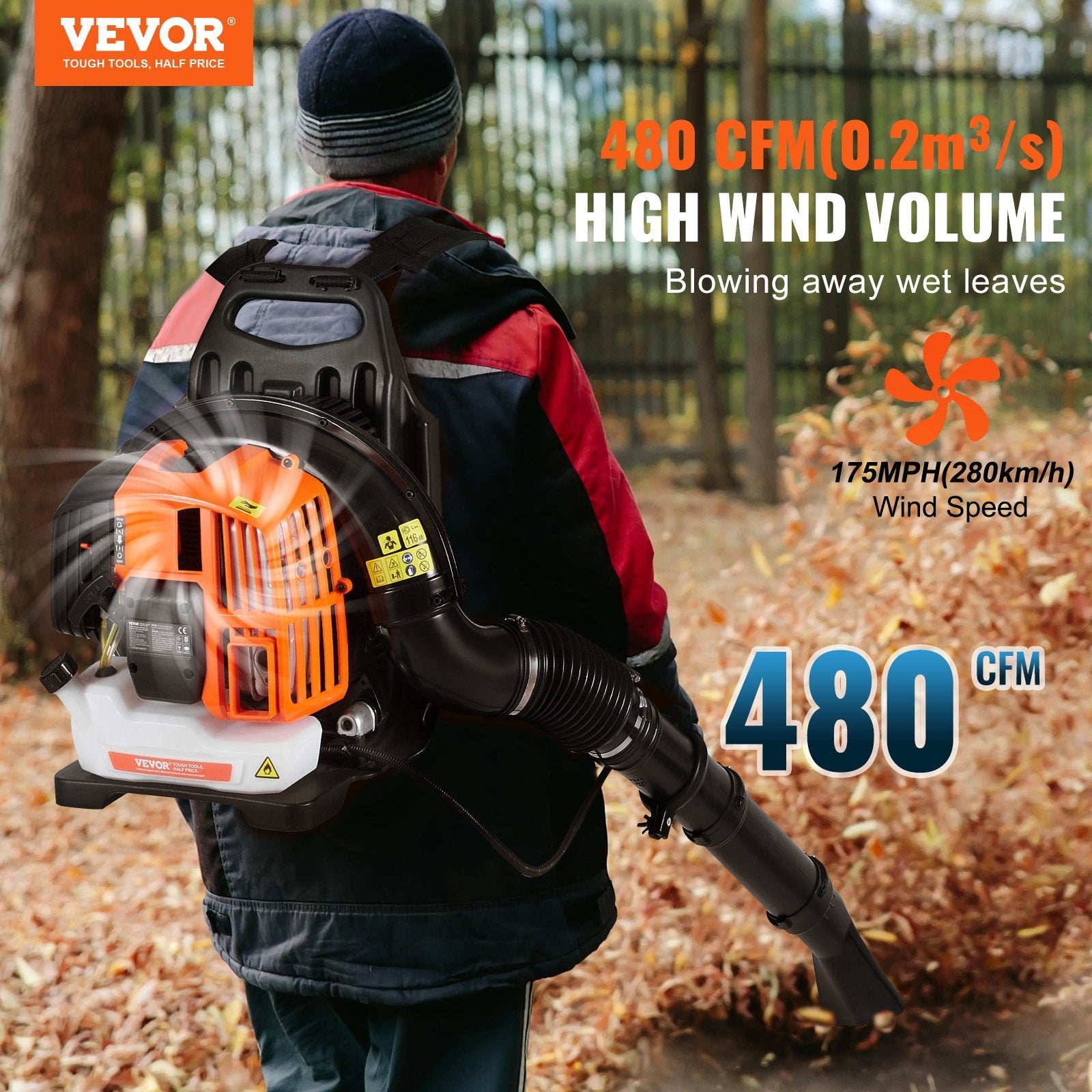 52cc Backpack Leaf Blower – 480 CFM, 175 MPH, 1.37L Tank | VEVOR