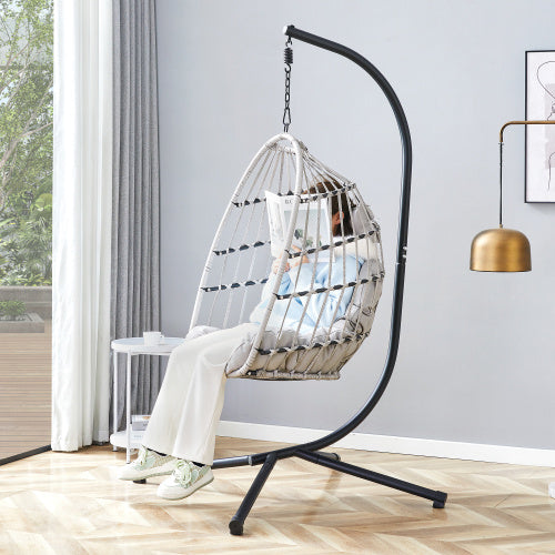 GR Heavy-Duty Iron Hanging Wicker Egg Chair — Single-Person Indoor/Outdoor Swing (Light Gray)