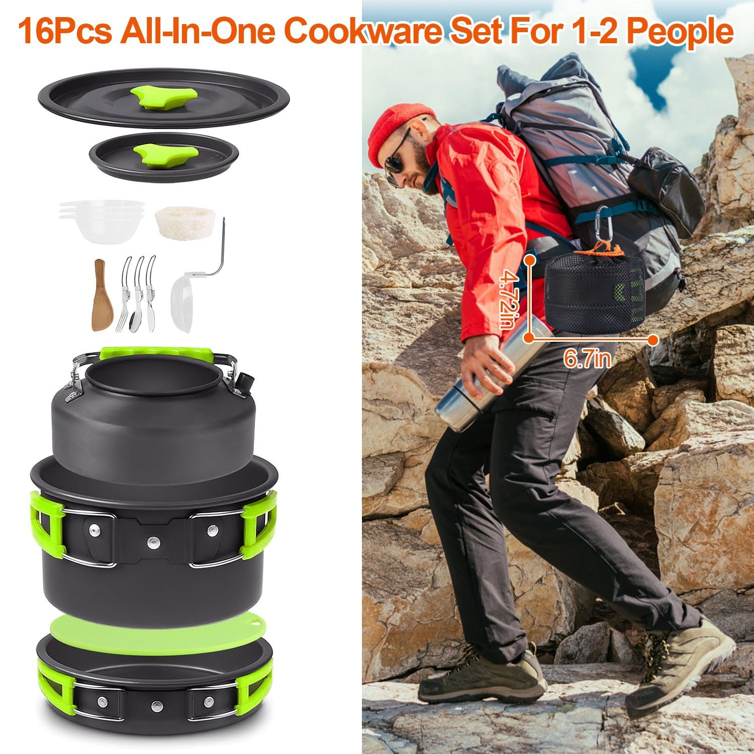 16Pcs Camping Cooking Ware Set - Pot Pan Kettle Cookware Kit for Hiking & Picnic