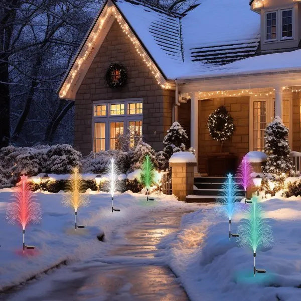 7-Color Solar Christmas Tree Stake Lights 4 Pack - Fiber Optic Cedar with Star