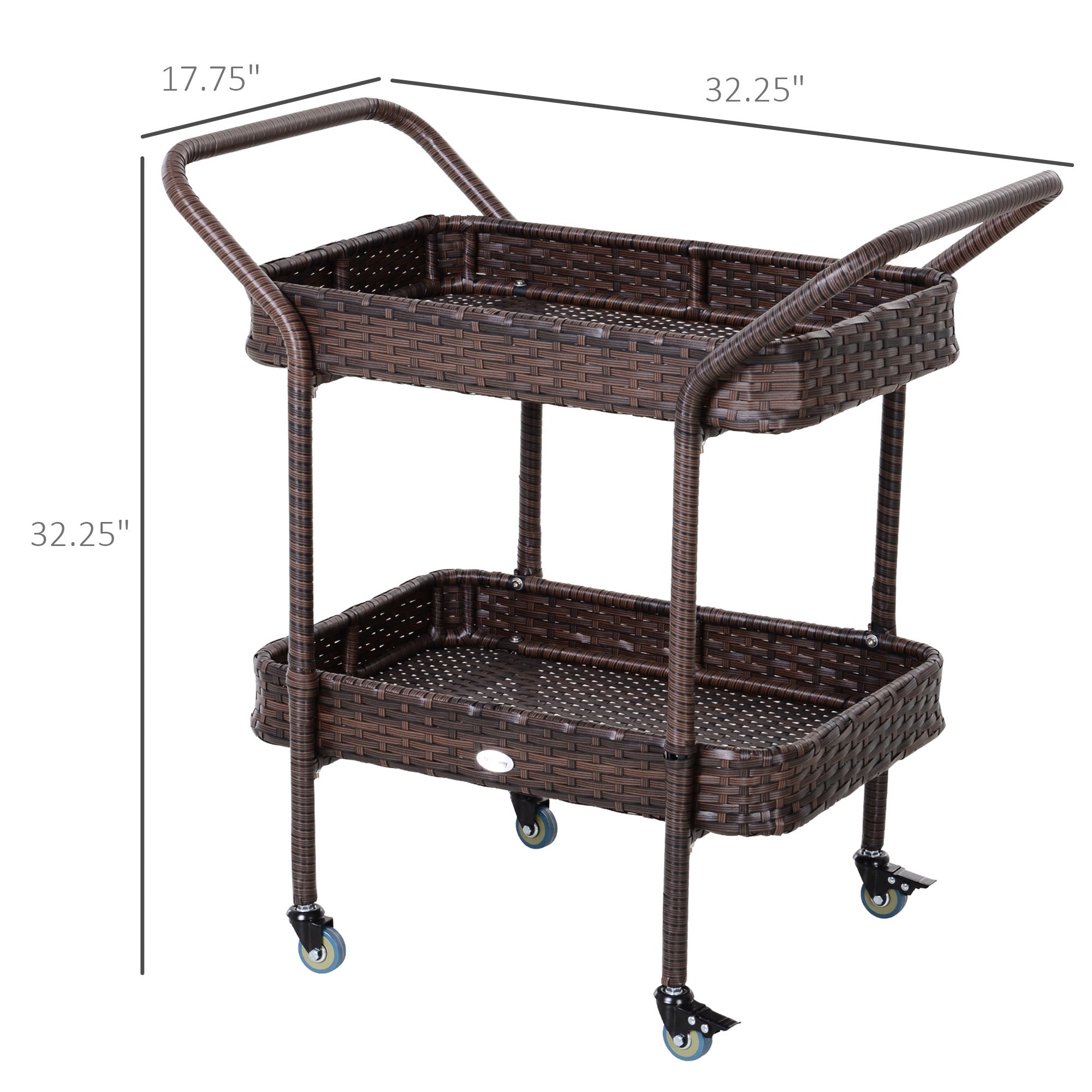Rattan Wicker Outdoor Kitchen Trolley, Rolling Serving Cart With 2 Tray Shelves, Brown