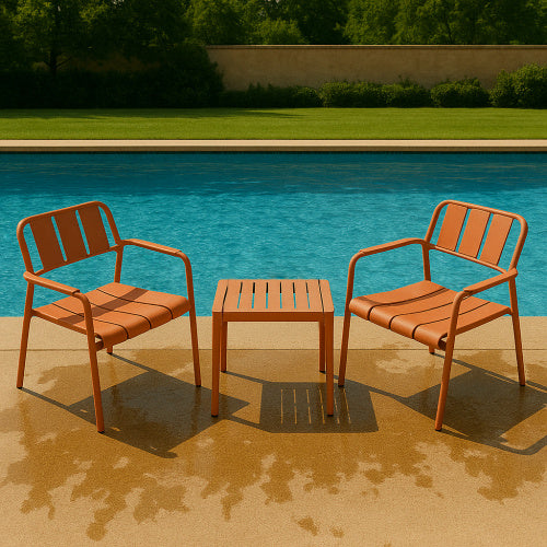 Coocosh Outdoor Furniture Set featuring two stylish chairs and a matching table made from durable metal with a sleek design in terracotta color, ideal for outdoor relaxation by the poolside.