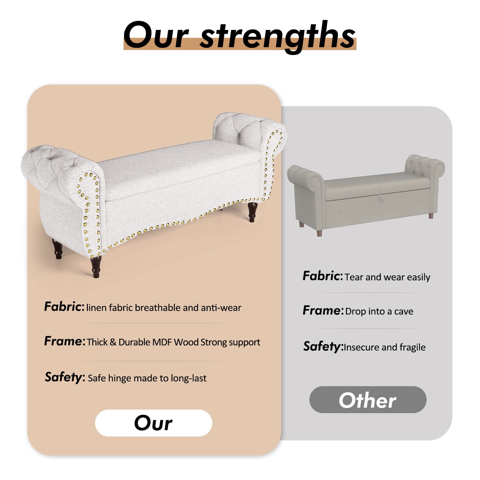 53\" Upholstered Storage Bench & Ottoman - Light Gray