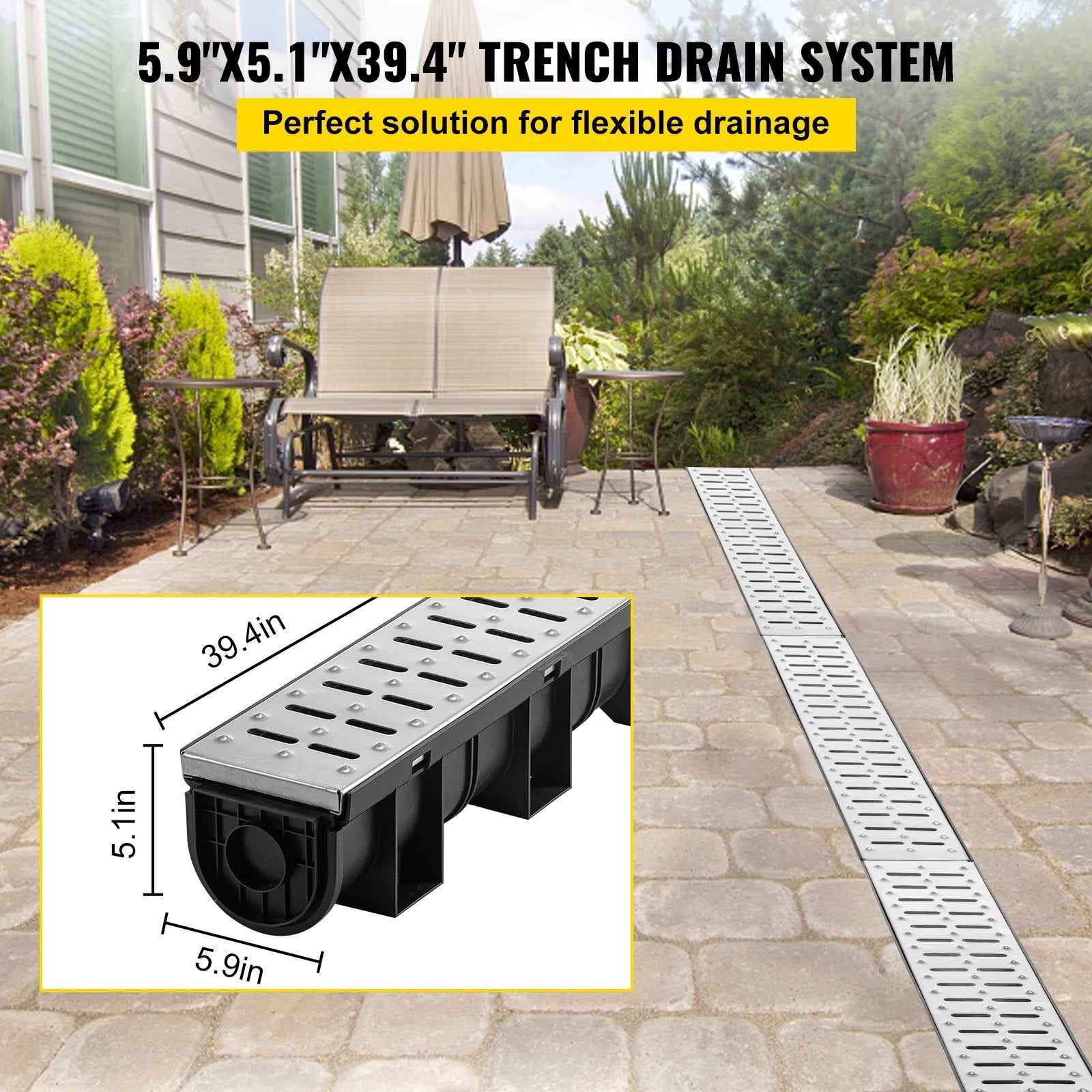 VEVOR Trench Drain System, Channel Drain With Metal Grate — 3-Pack (5.9 x 5.1 x 39.4 in)