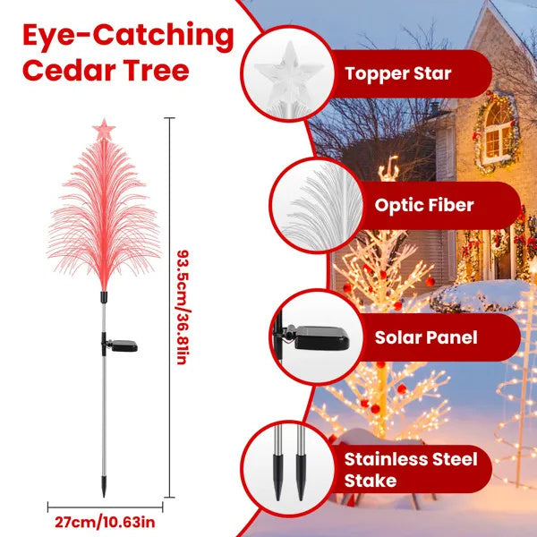 7-Color Solar Christmas Tree Stake Lights 4 Pack - Fiber Optic Cedar with Star