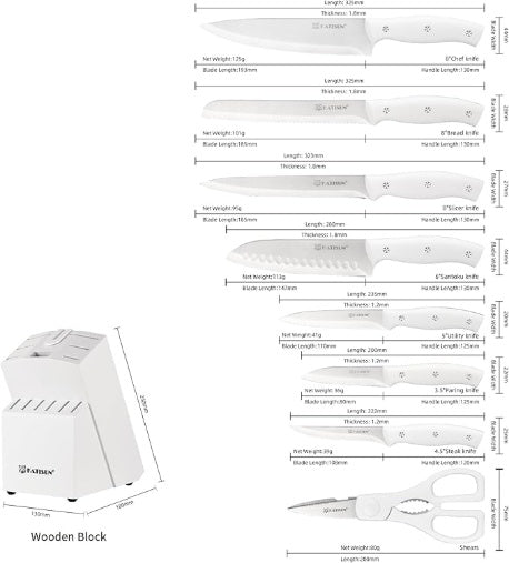 dbjjj 15-Piece White Kitchen Knife Set With Built-in Sharpening Stone, Ergonomic Triple-Rivet Handles