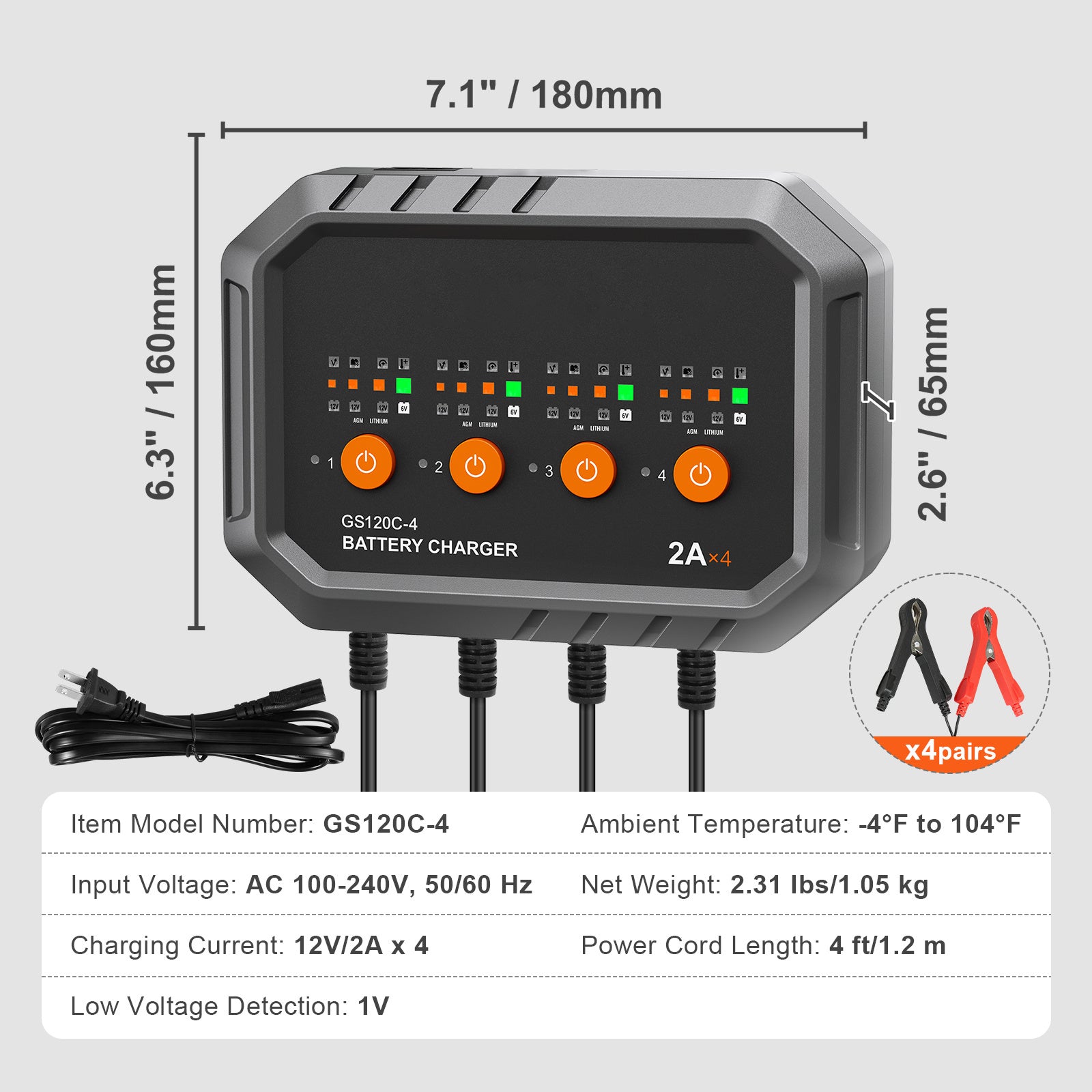 VEVOR Smart Battery Charger, 8-Amp (GS120C-4) — LiFePO4 & Lead-Acid