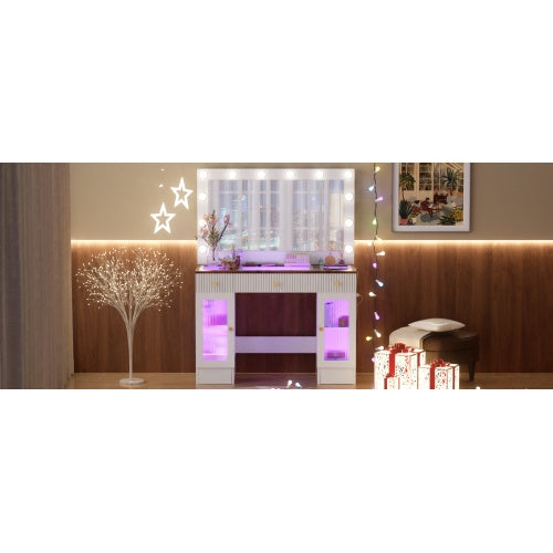 43.3" Vanity Desk With Large Mirror & Hollywood Bulbs — Modern Glass Top Makeup Vanity with Drawers, RGB Cabinets & Power Outlet