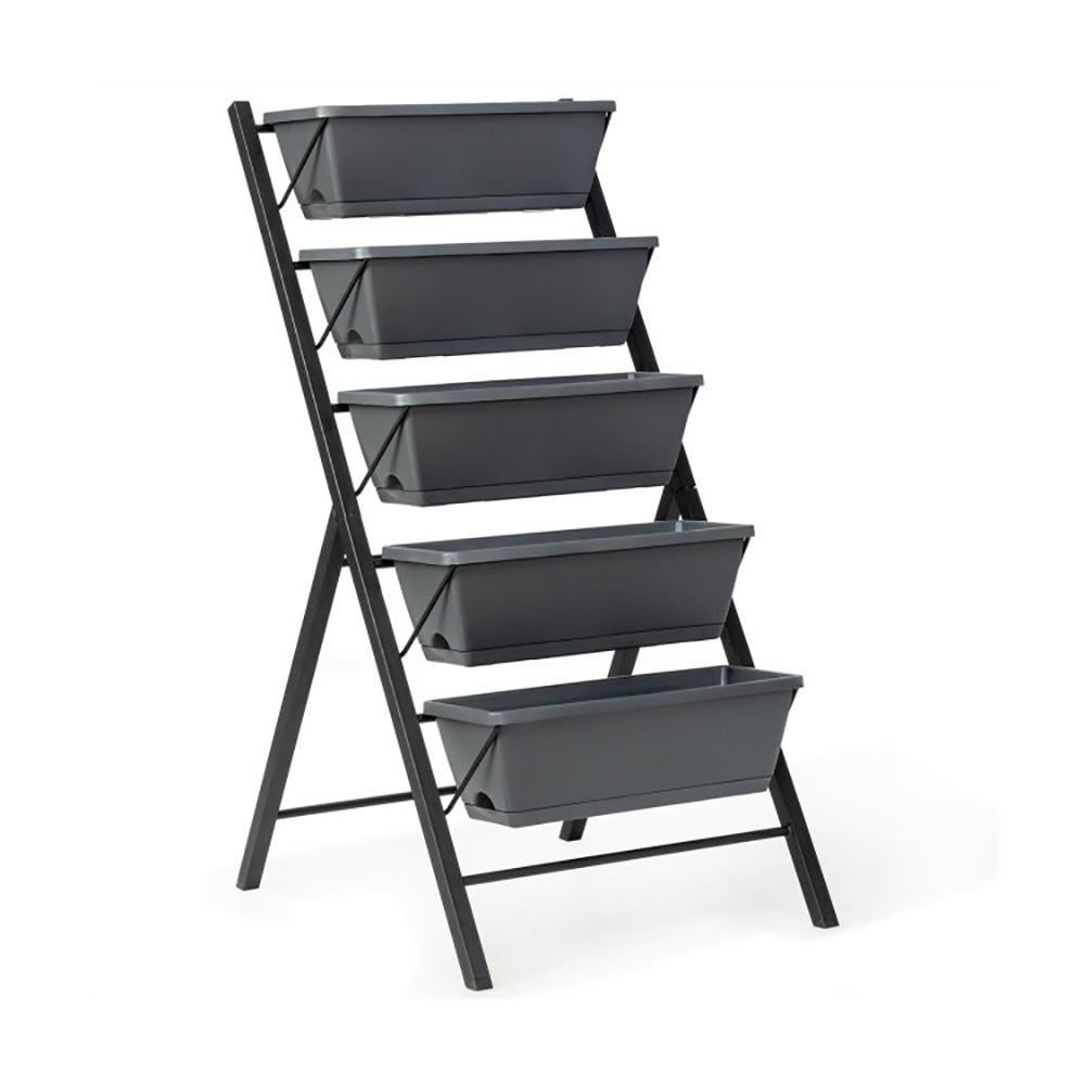 Coocosh Plant Stand with five spacious planters, made from durable fiberglass and steel, in sleek black color, dimensions suitable for compact spaces, shown in main view to highlight vertical garden arrangement.