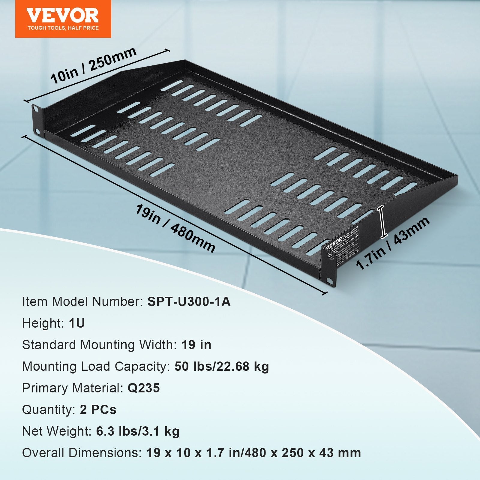 VEVOR 2PCS 1U Vented Server Rack Shelf Tray (19" 10" Depth) - Black