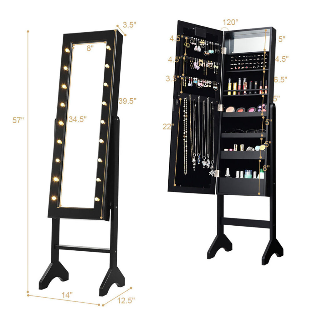 Coocosh Jewelry Mirror Cabinet with Adjustable LED Lights, Black, 57" H x 14" W x 12.5" D, Lifestyle angle showcasing organized jewelry storage.