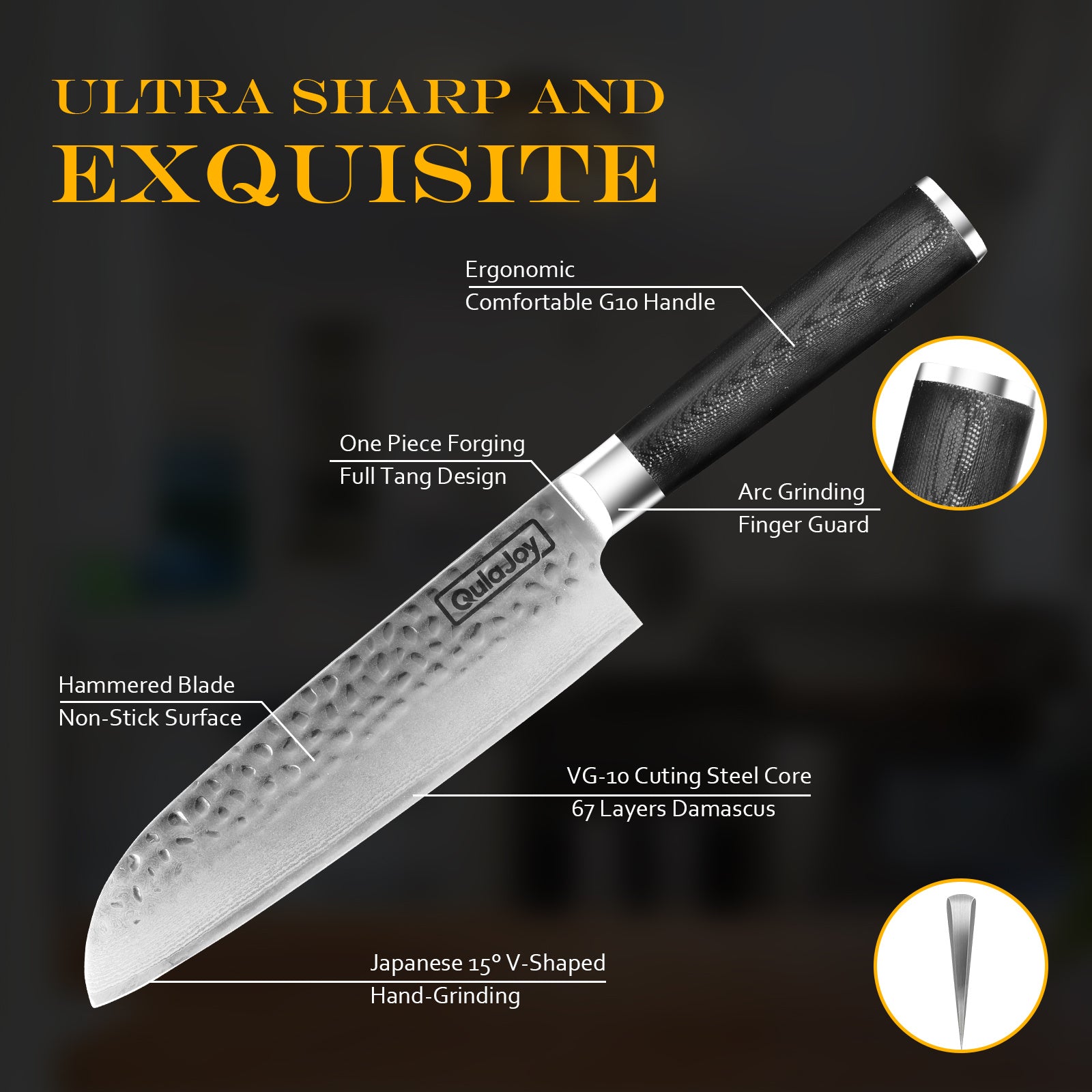 Qulajoy 7 Inch Santoku Knife - Ultra Sharp 67-Layer Damascus VG-10 Core with G10 Handle & Sheath