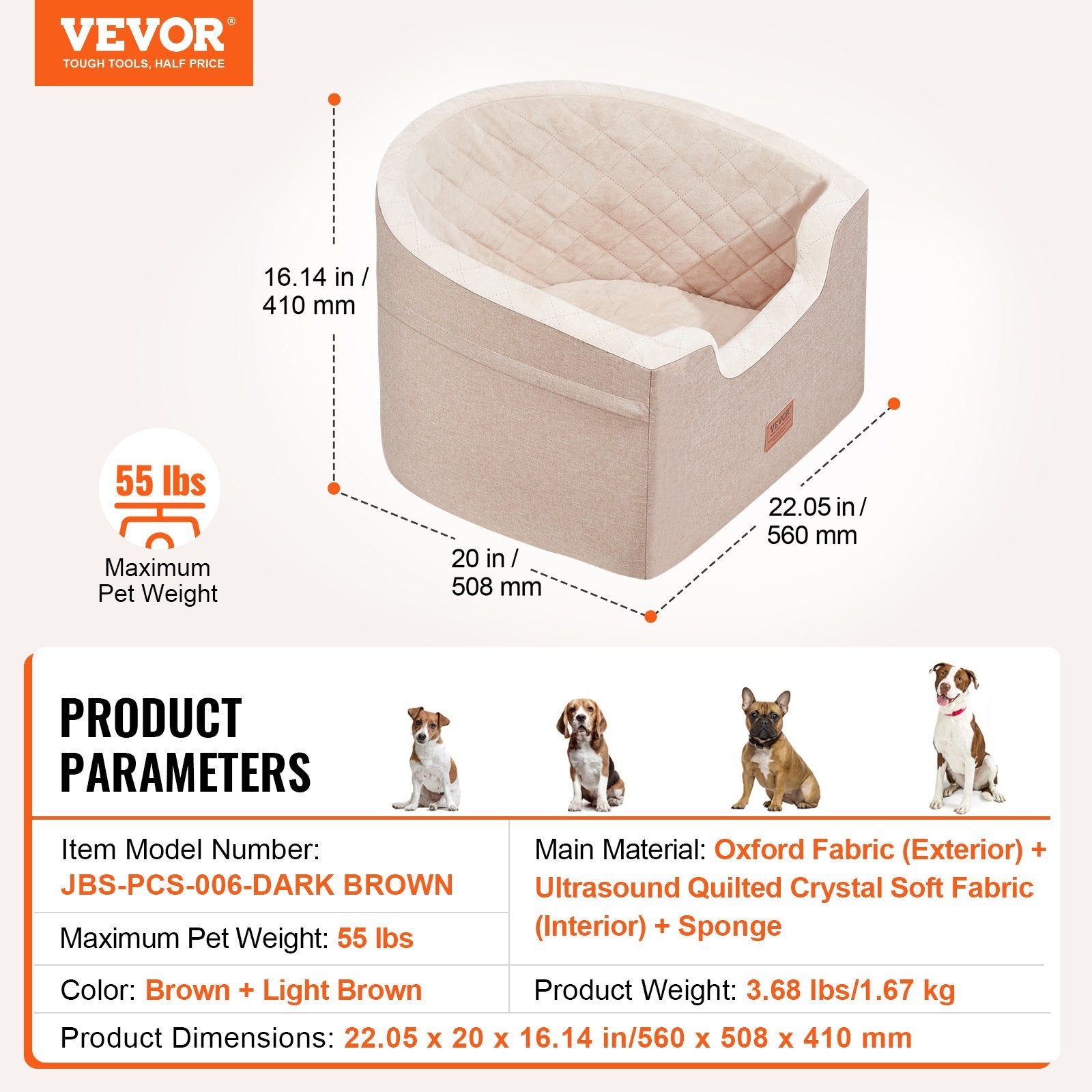 Dog Booster Car Seat – 55 lb Capacity, Sofa-Style Bucket Seat w/ Waterproof Cushion (Brown)