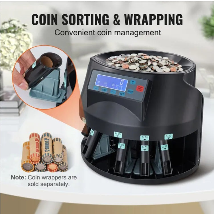 VEVOR USD Coin Sorter Coin Counter Wrapper And Roller - 300 Coins/Min LCD