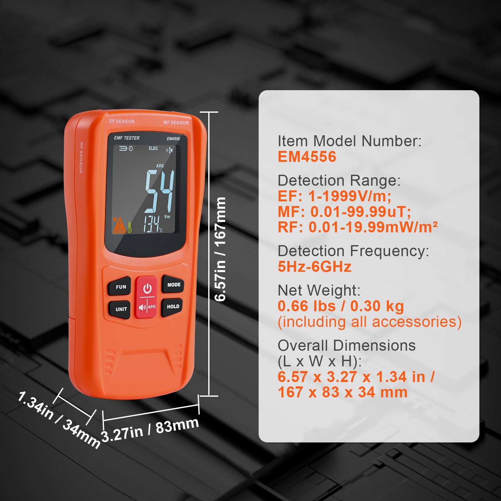 VEVOR 3-in-1 EMF Meter, 5Hz-6GHz — Handheld Rechargeable EF/MF/RF Detector
