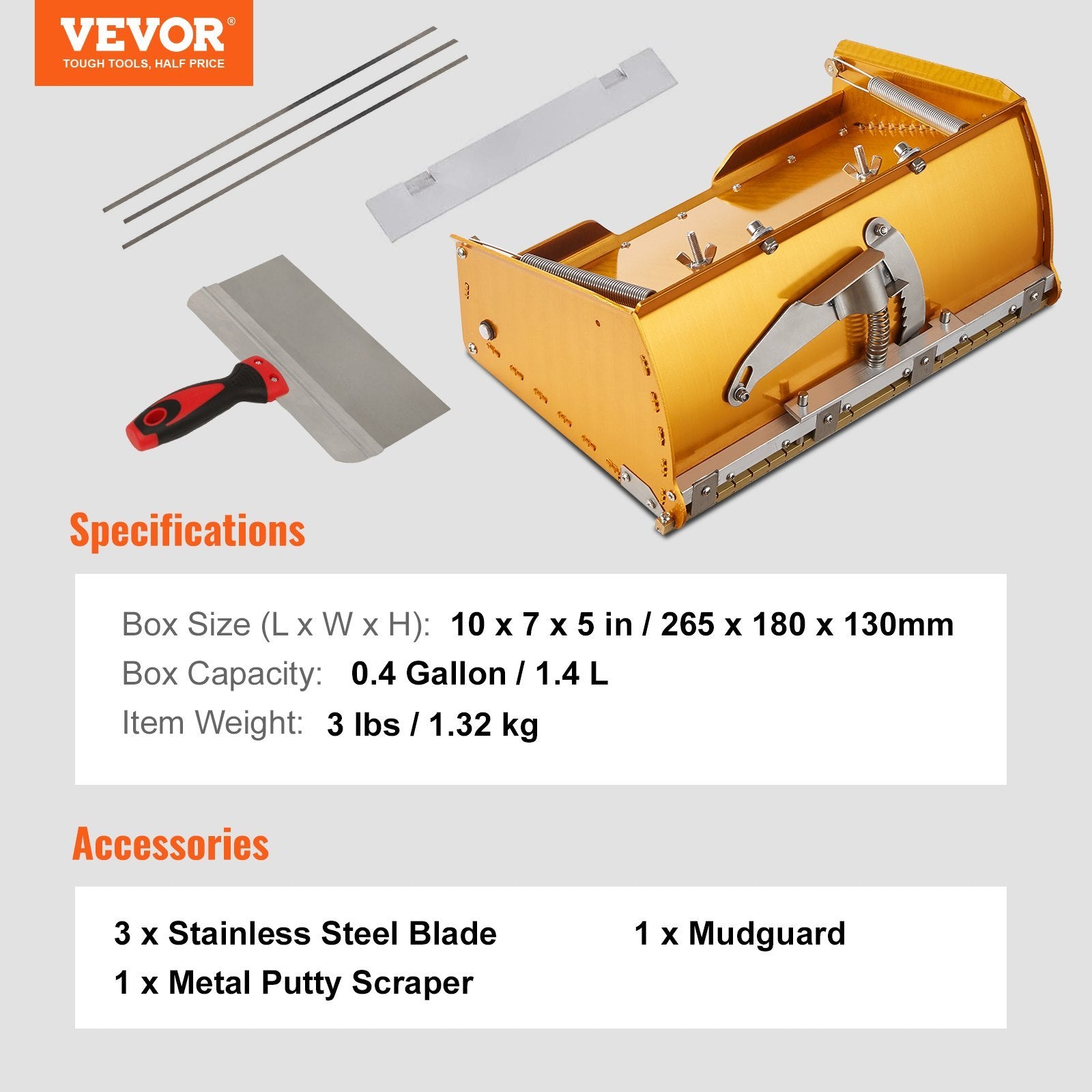 VEVOR Drywall Flat Box, 10-Inch Wide Quick Clean, Aluminum Finishing Mud Box For Plasterboard, Wallboard, Sheetrock, Bonus Mudguard, Extra 2 Stainless Steel Blades