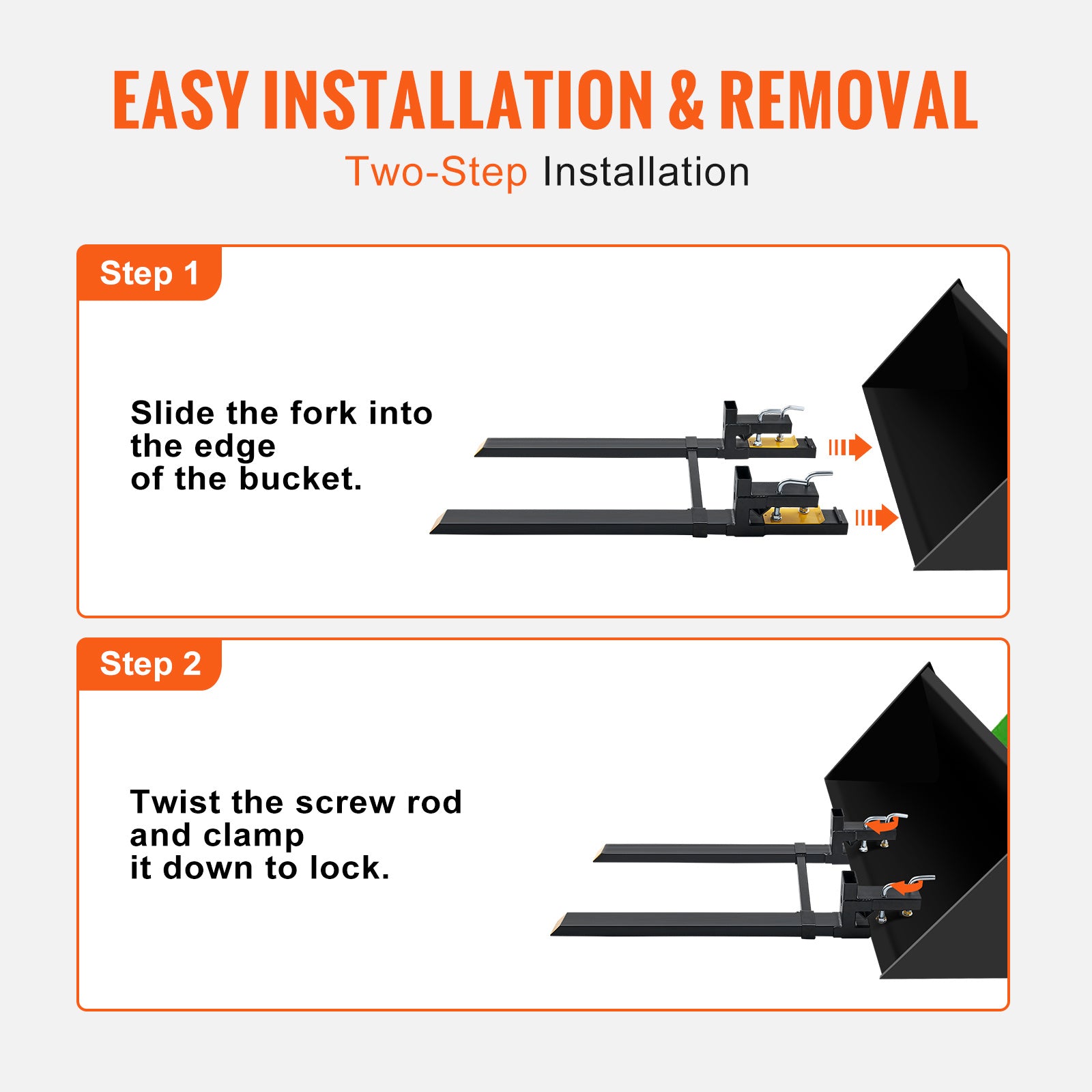 VEVOR 60" Clamp-On Pallet Forks — 4,000 lb Capacity, Adjustable Stabilizer