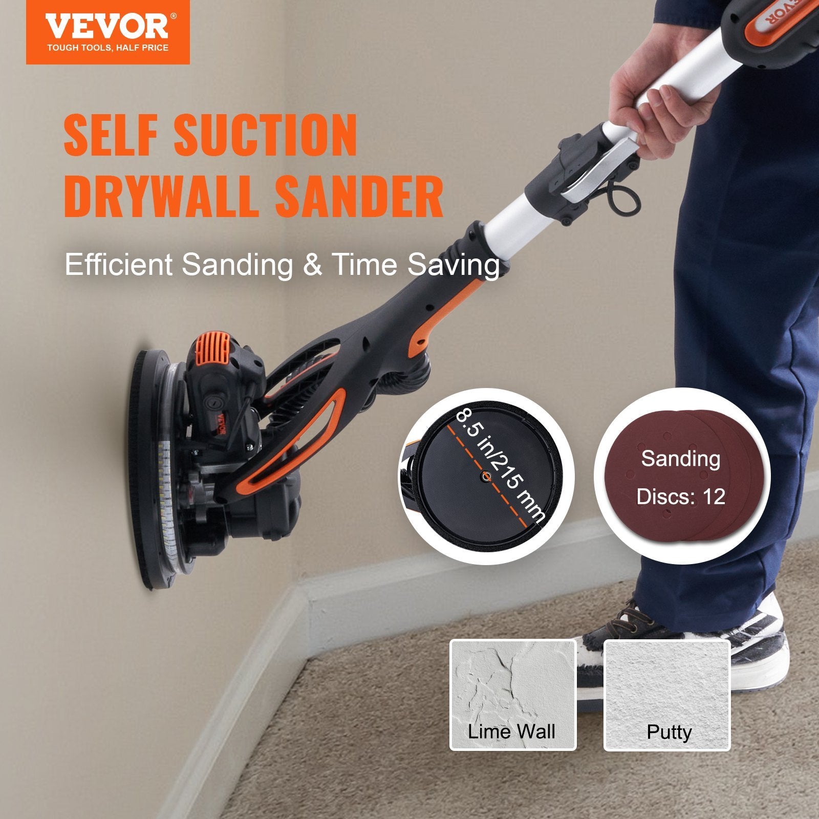 VEVOR Drywall Sander 900W Brush Motor 800-1800RPM Variable Speed & Self-Suction