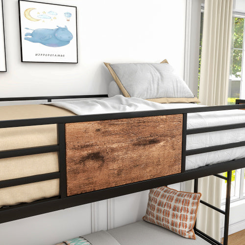 Coocosh Bunk Bed with Industrial-Style Wood Panel in Black Metal Frame, featuring a rustic wood-textured finish, a spacious design perfect for maximizing room space, and upholstered bedding in a cozy bedroom setting.