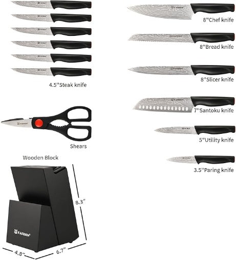 Damascus Pattern 15-Piece Kitchen Knife Set With Block, High Carbon Steel Chef Knife, Includes Sharpener And Scissors, Ergonomic Black Anti-Slip Handle And Red Trim