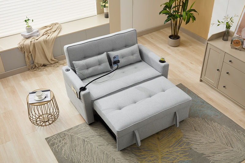Futon Chair Bed Convertible 3-in-1 Pull-Out Sleeper with USB Ports, Wear-Resistant Leather Armchair Bed for Living Room