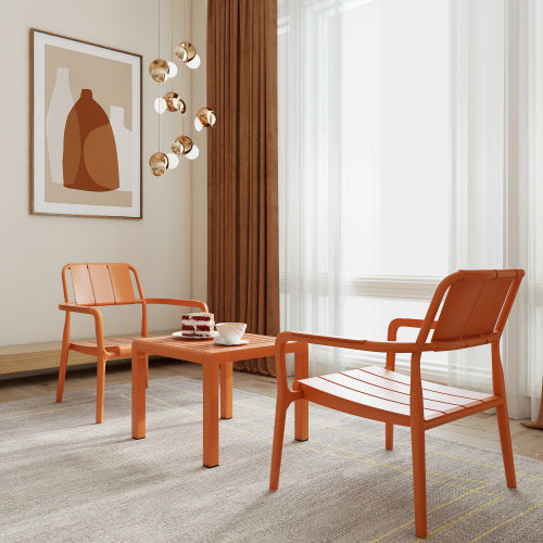 Coocosh modern two-piece chair and table set, featuring a rich apricot brown finish and ideal for creating a charming outdoor atmosphere for refreshments.