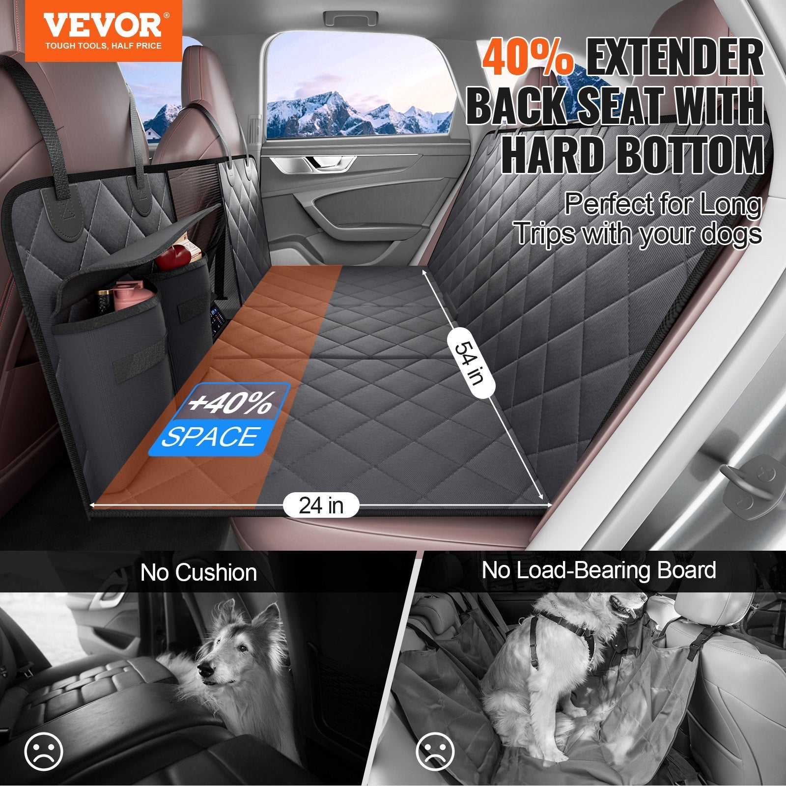 Dog Car Seat Cover – Waterproof 600D Back-Seat Hammock, Nonslip, Side Flaps, Hard-Bottom Extension