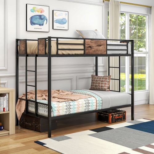 Coocosh Bunk Bed with Industrial-Style Metal Frame and Wooden Accents featuring a Black and Natural Finish, dimensions suitable for standard twin mattresses, seen in a bright, well-decorated children's room.