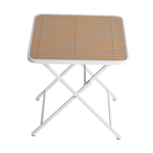 Coocosh Folding Table featuring a slatted bamboo top and sturdy white metal frame, perfect for outdoor gatherings. Compact design measures 24 x 24 inches, offering easy setup and portability for both casual and formal occasions.