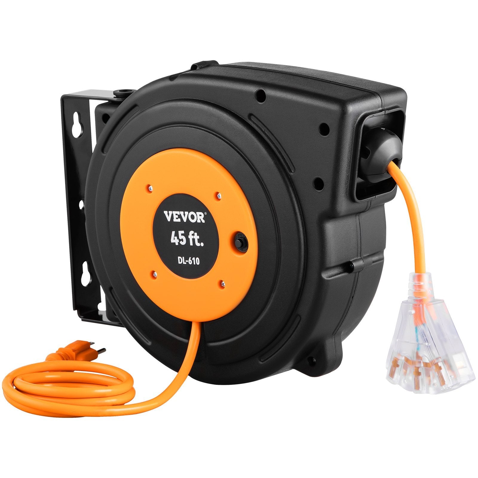 VEVOR Retractable Extension Reel, Heavy Duty 12AWG 3C SJTOW Power Cord 45 FT, Black