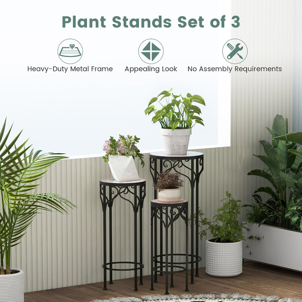 Coocosh elegant plant stand with a stylish ceramic surface and a robust black metal structure, perfect for displaying vibrant blooms in any outdoor space.