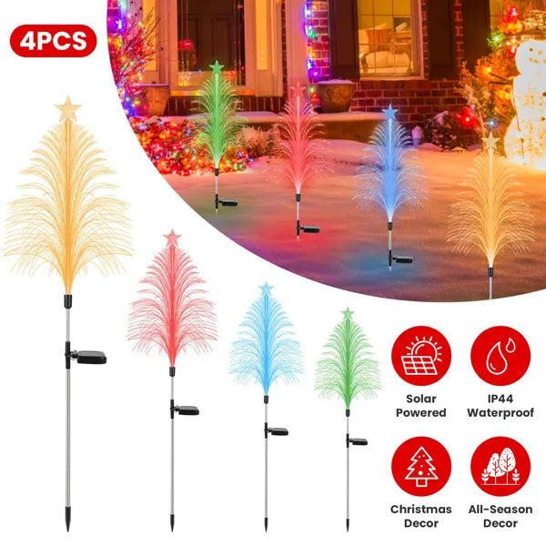 7-Color Solar Christmas Tree Stake Lights 4 Pack - Fiber Optic Cedar with Star