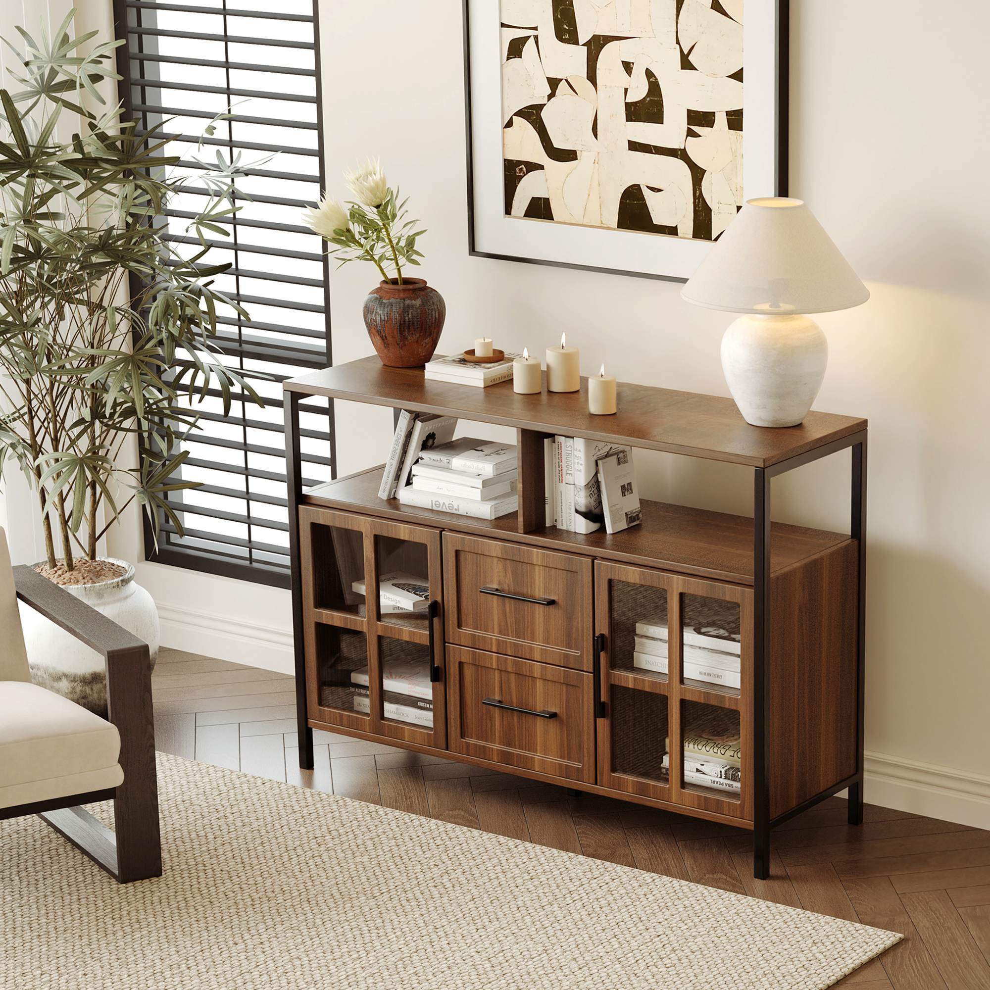 DL Store Living Room Buffet Cabinet with Glass Doors & Drawers — Brown