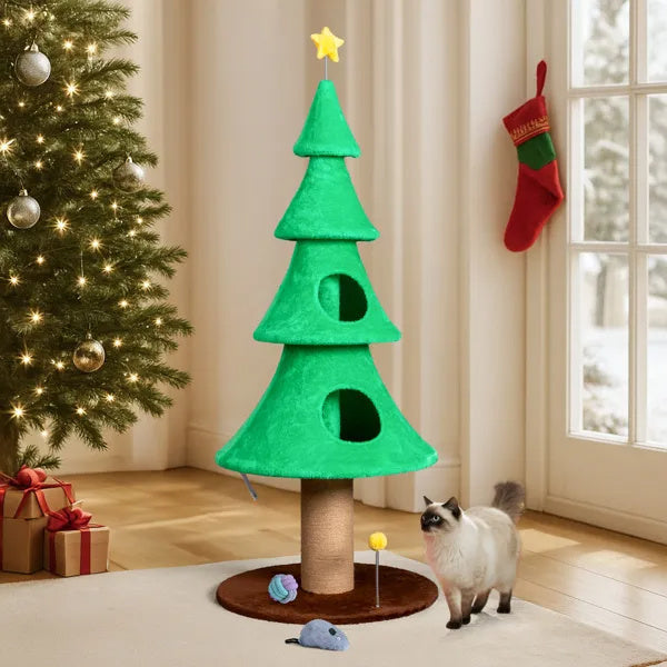 59in Large Tall Christmas Tree Cat Tower With 2 Cat Condos & Scratching Post, Soft Fleece, Teaser Toy, Sturdy Base - Green