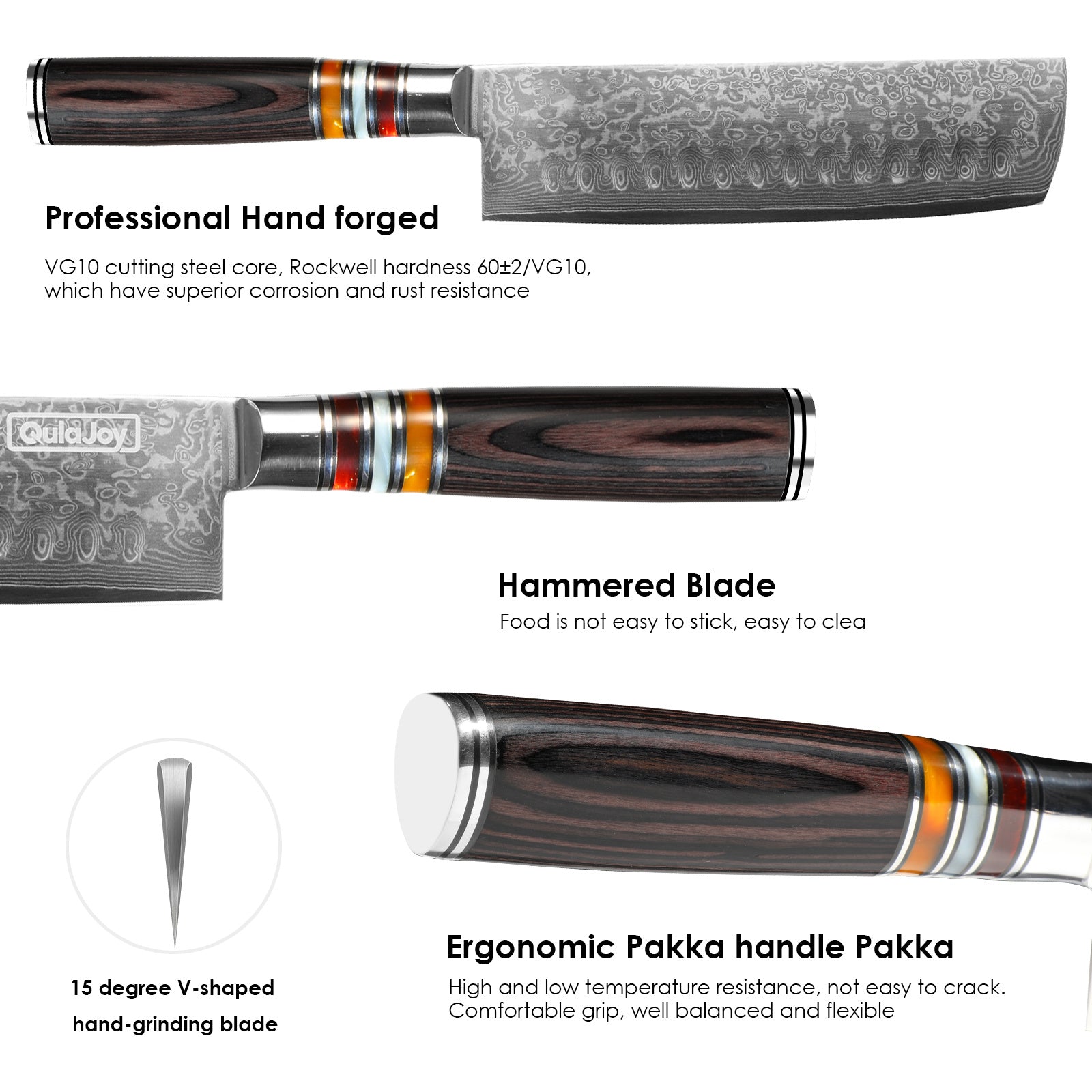 Qulajoy 7 Inch Nakiri Chef Knife, 67-Layer Damascus VG-10, Pakkawood Handle