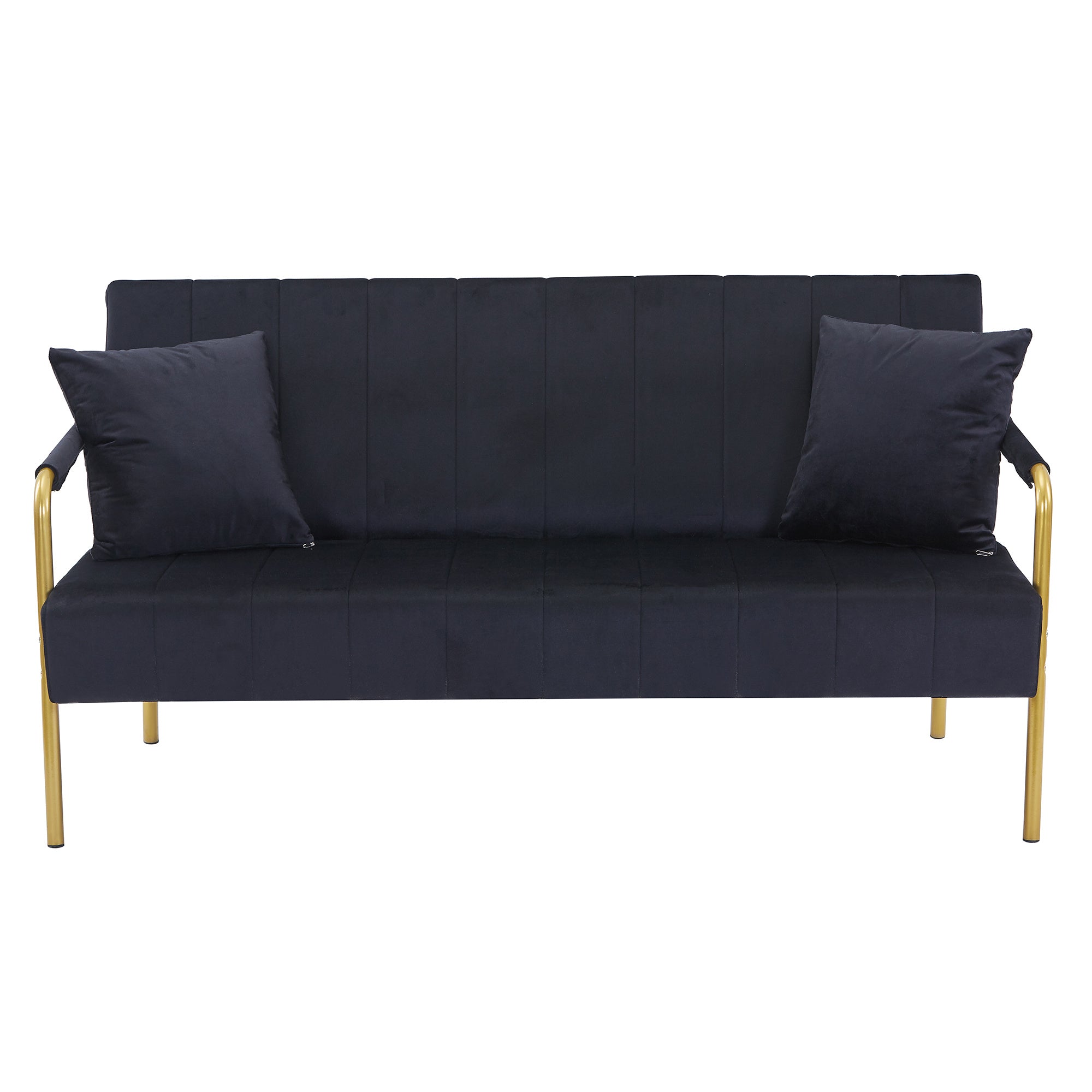 Coocosh Modern Sofa with plush velvet upholstery, featuring gold metal legs, in elegant navy blue color. The sofa dimensions make it perfect for compact living spaces, offering style and comfort in a sleek design.